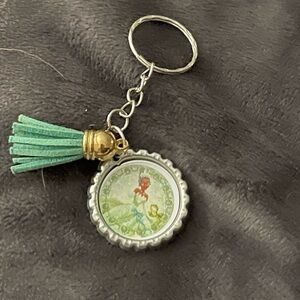 Green Tassel Keychain with Bottle Cap Charm